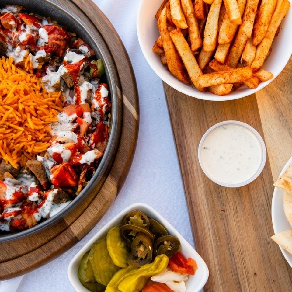 A vibrant platter of chicken and lamb over rice with sauces, surrounded by fries, chickpeas, pita, and pickles.