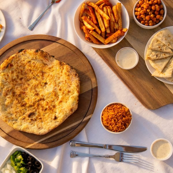 Overhead spread of flatbread, fries, pita wedges, salads, roasted chickpeas, dips, and vegetables on a rustic table.