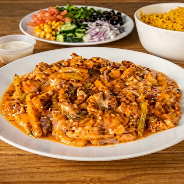Large platter of saucy grilled chicken and vegetables served with yellow rice, salad toppings, and two dipping sauces.