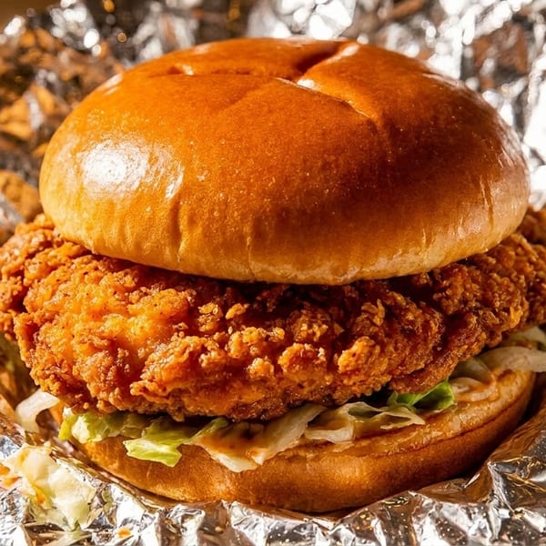 Crispy fried chicken sandwich with lettuce and sauce on a brioche bun, wrapped in foil.