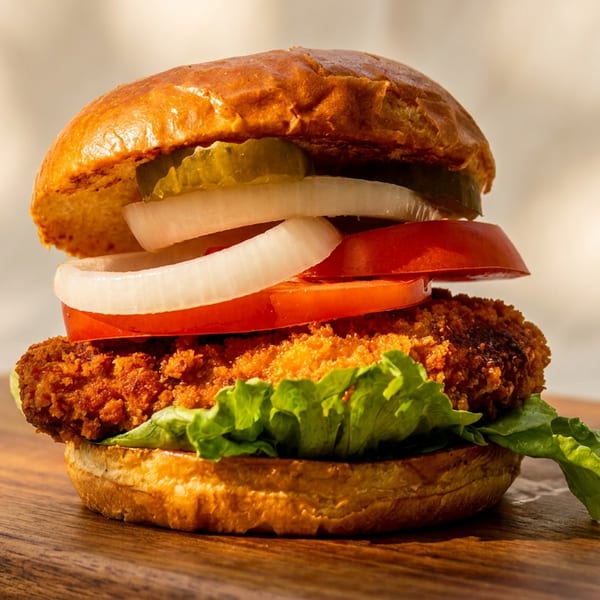 Crispy fried chicken burger with lettuce, tomato, onion, and pickle on a toasted brioche bun atop a wooden board.