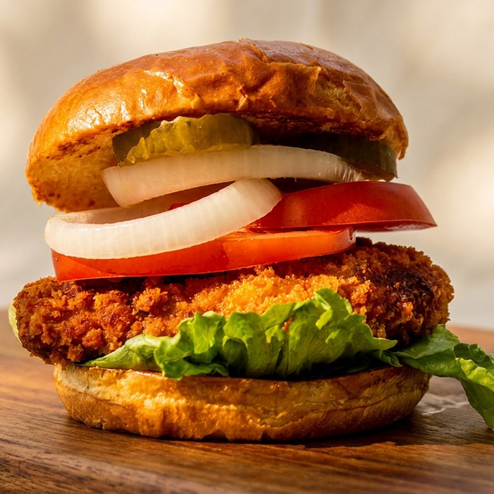 Crispy fried chicken burger with lettuce, tomato, onion, and pickles on a wooden board.