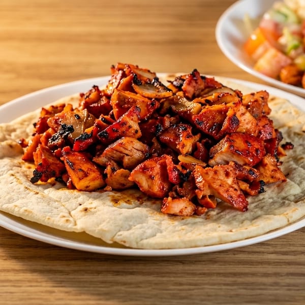 Spicy grilled chicken pieces on a flatbread, with a salad in the background.