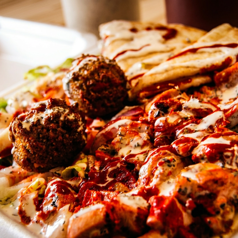 A close-up of a takeout container filled with falafel, chicken, pita bread, and sauces.