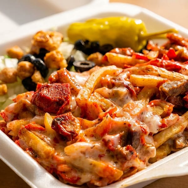 Loaded fries topped with melted cheese, sausage, peppers, mushrooms, and olives, served with a pickle in a takeaway tray.