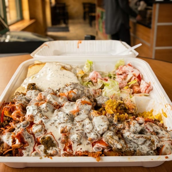 A takeout container filled with chicken and lamb over rice, salad, and white sauce.